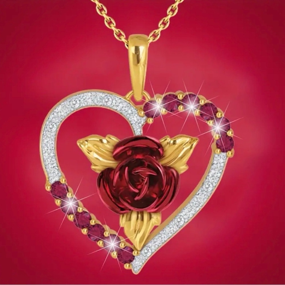 Gold and Red Heart Pendant and Earrings Set. - Picture 4 of 6